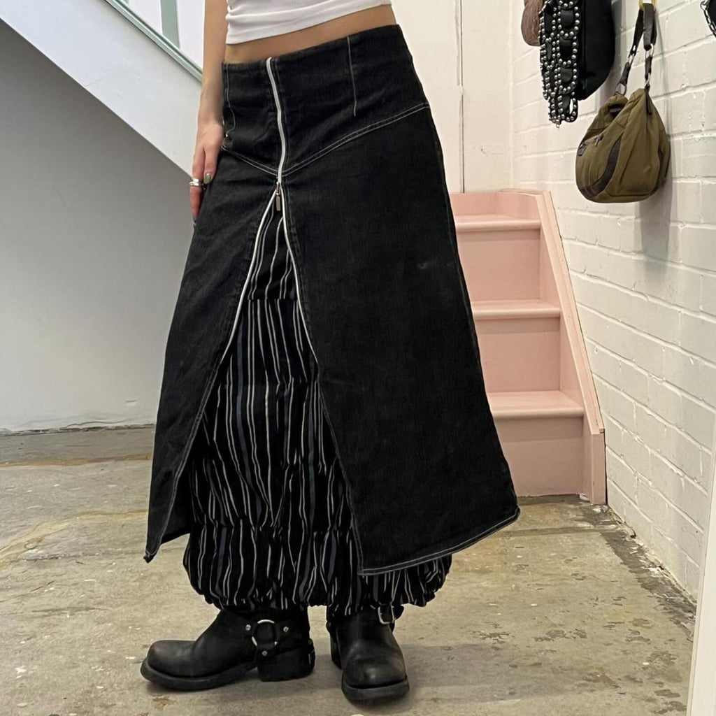 Black denim layered cargo maxi skirt with pinstripe layer and zip