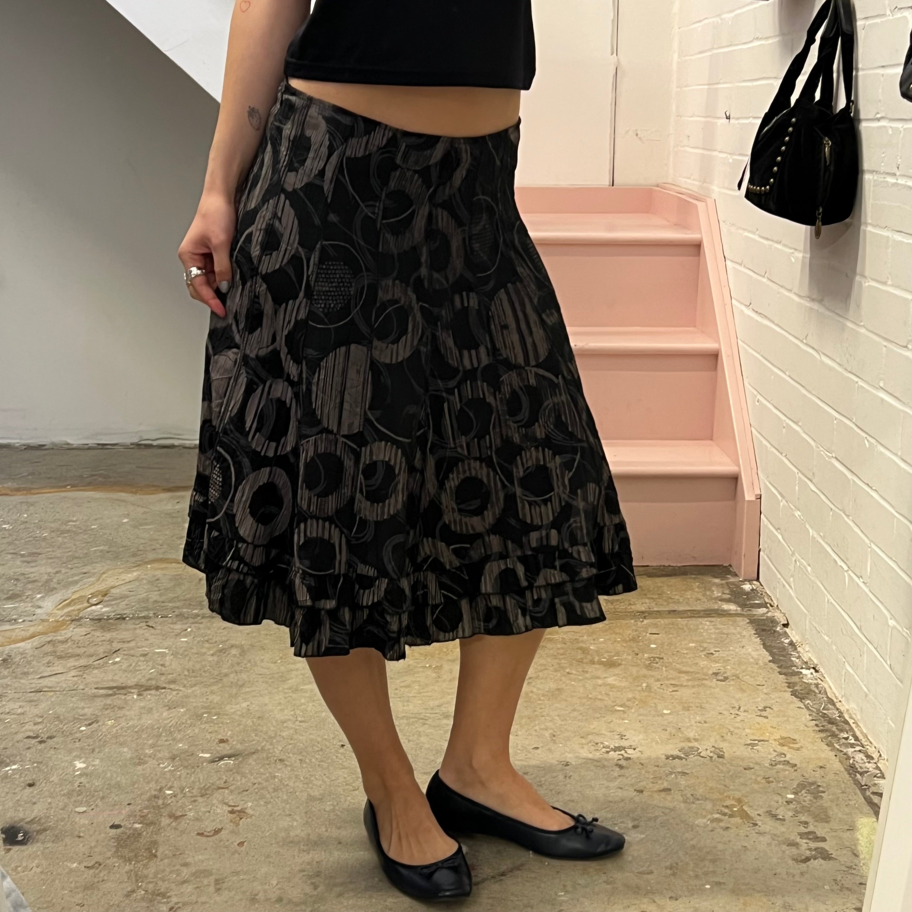 Black and grey polka dot geo print crinkle floaty midi skirt