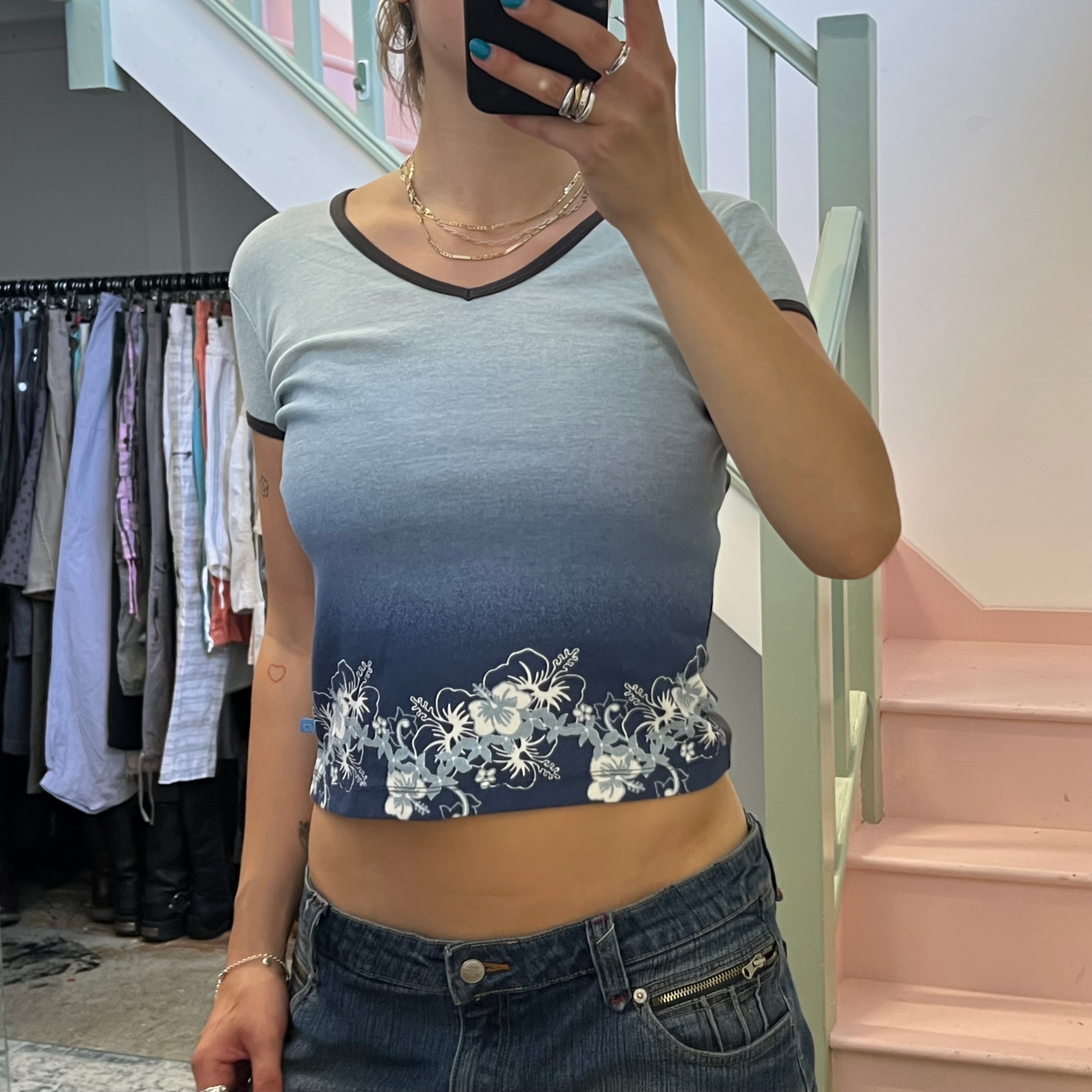 Blue hibiscus print baby tee