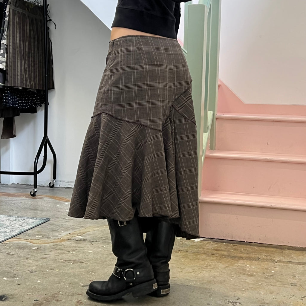 Brown check asymmetrical maxi skirt