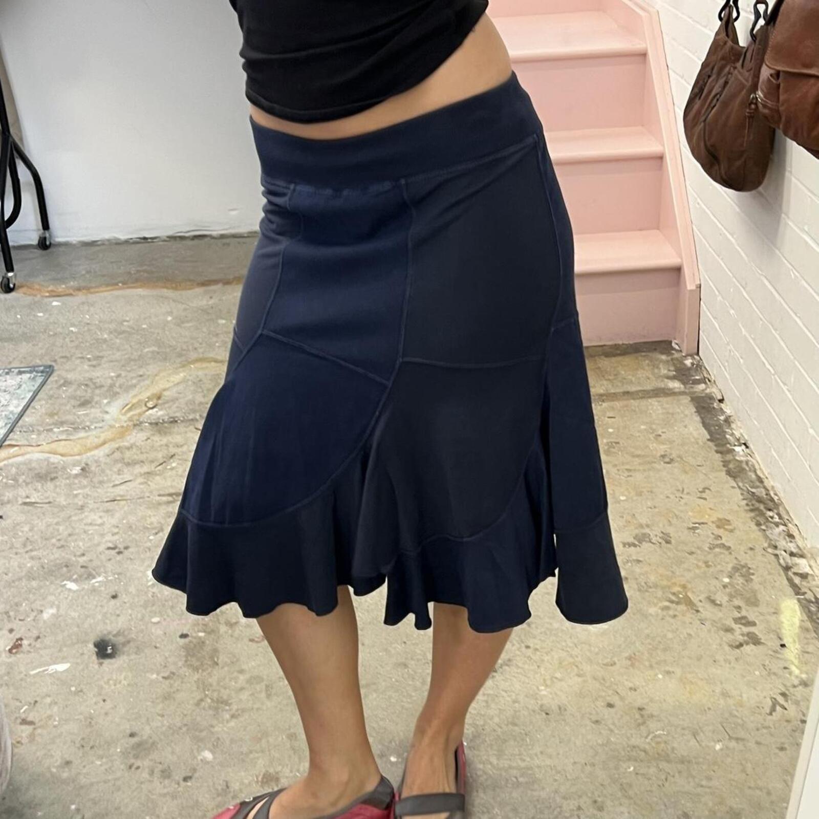 Navy patchwork low rise sporty floaty vintage midi skirt