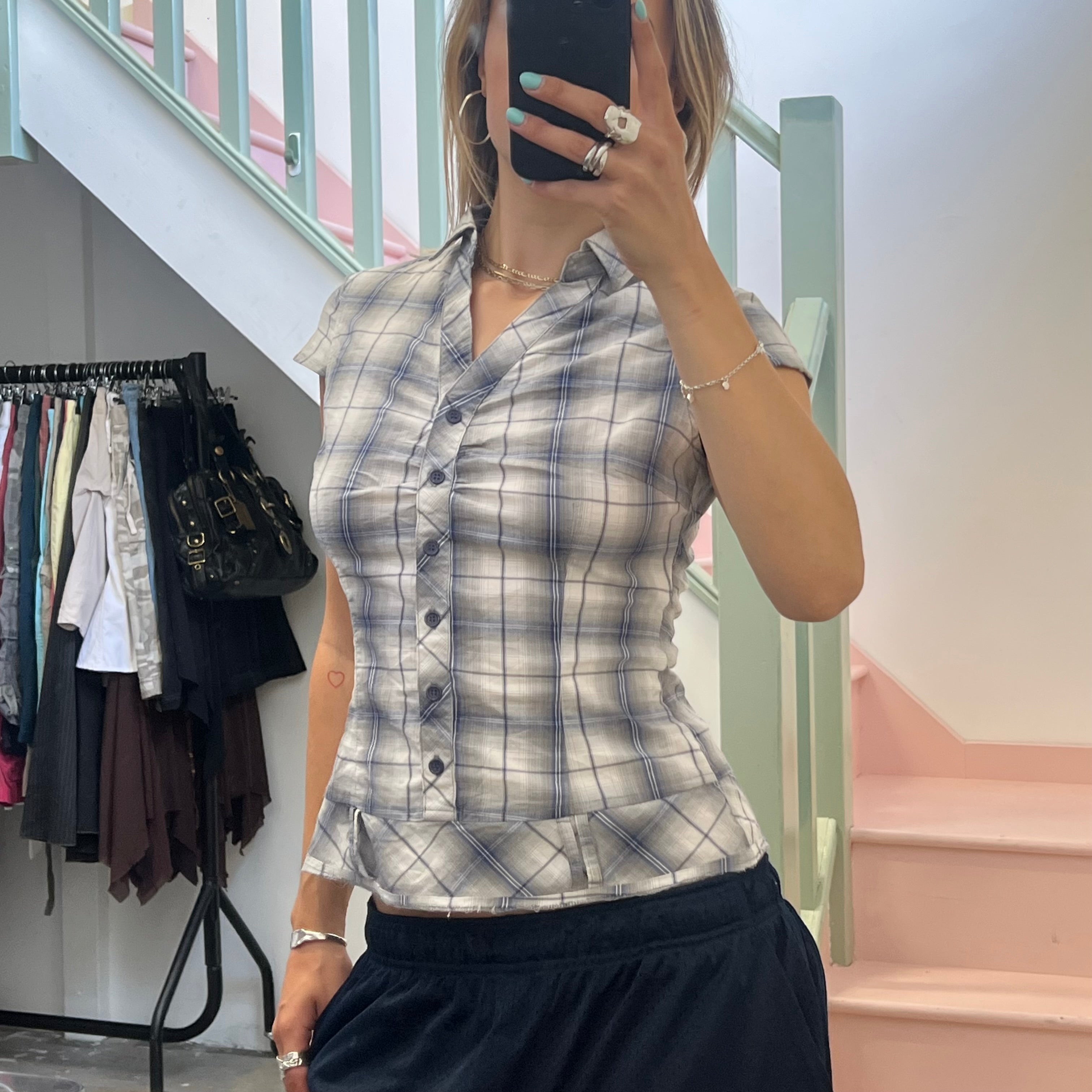 Pimkie grey and blue checkered fitted shirt