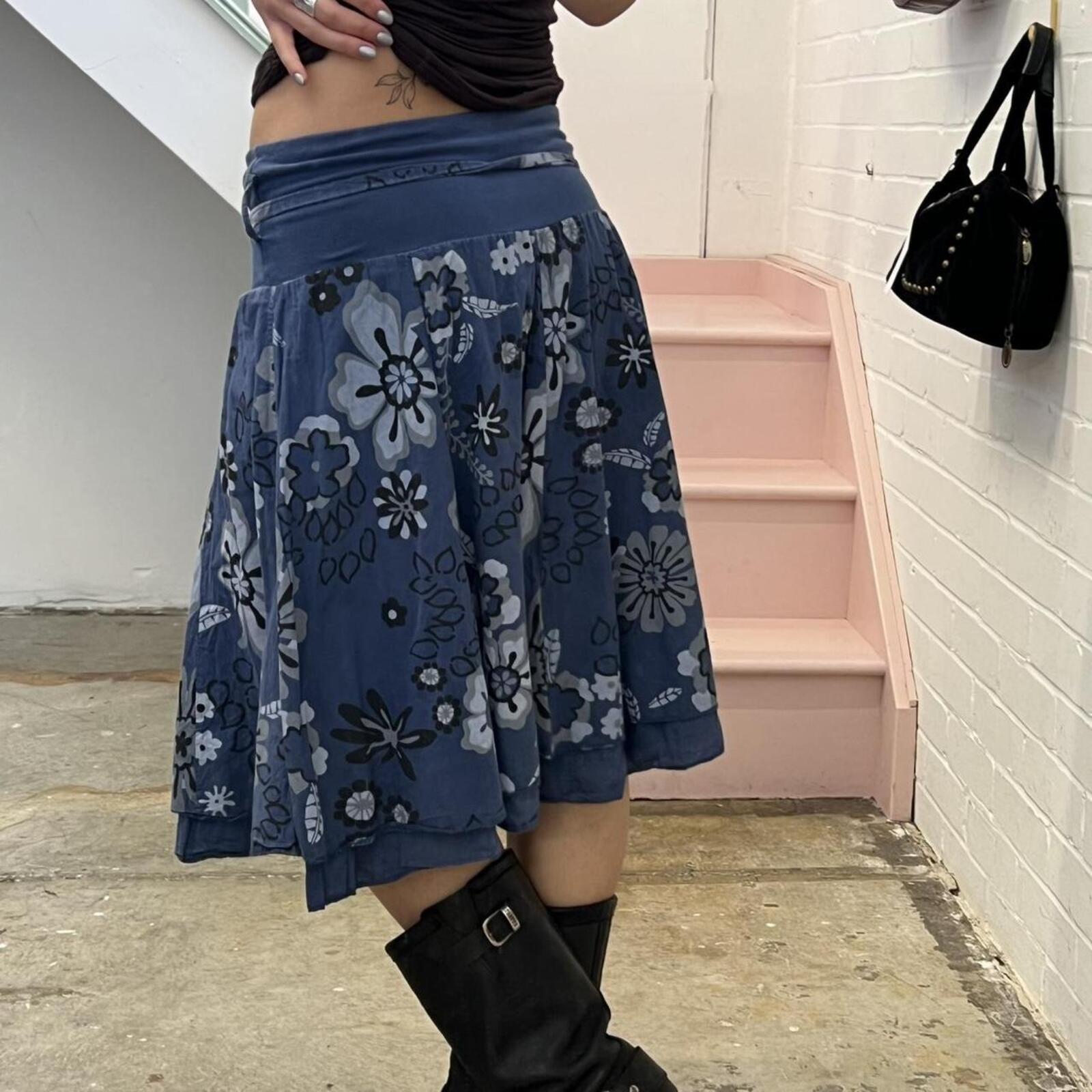 blue and white printed floaty floral layered midi skirt with foldable waist