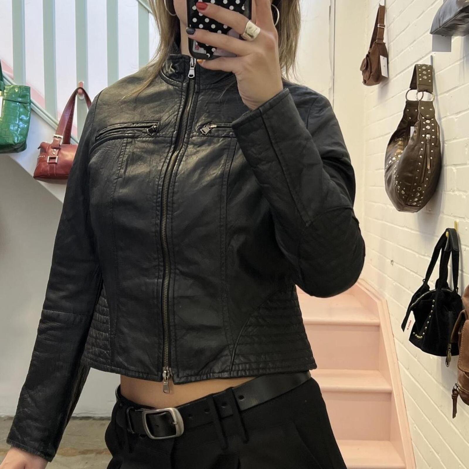 Black fitted zip up real leather vintage biker jacket with dual zip