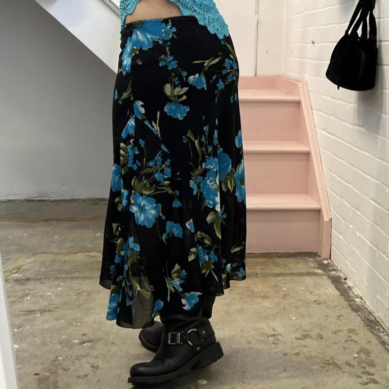 blue and black floral low rise vintage floaty maxi skirt