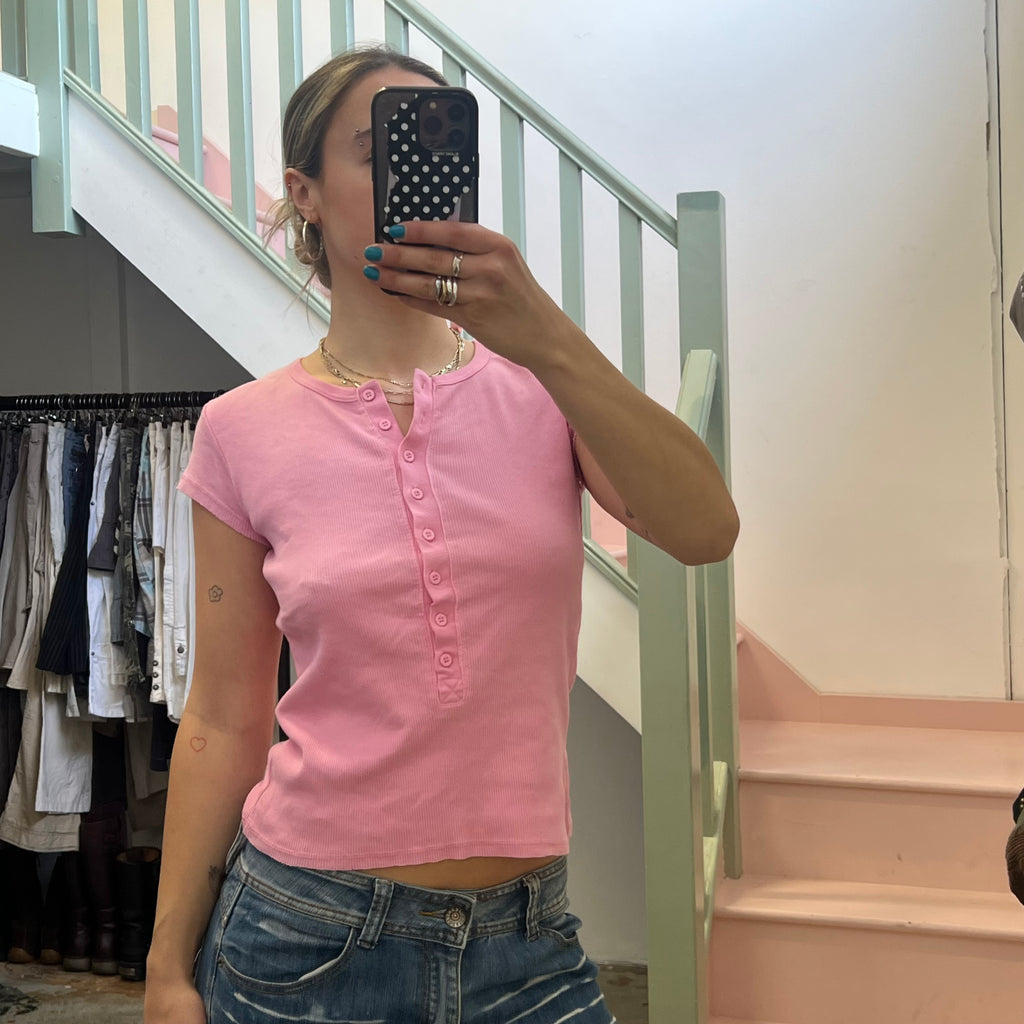 Pink ribbed button up tee