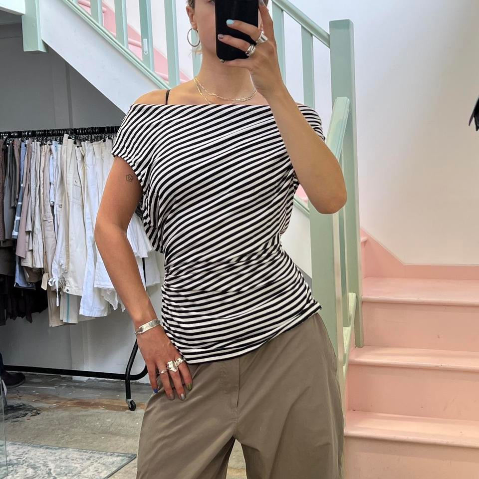 Striped off shoulder slouchy tie waist top