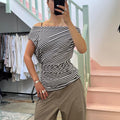 Striped off shoulder slouchy tie waist top