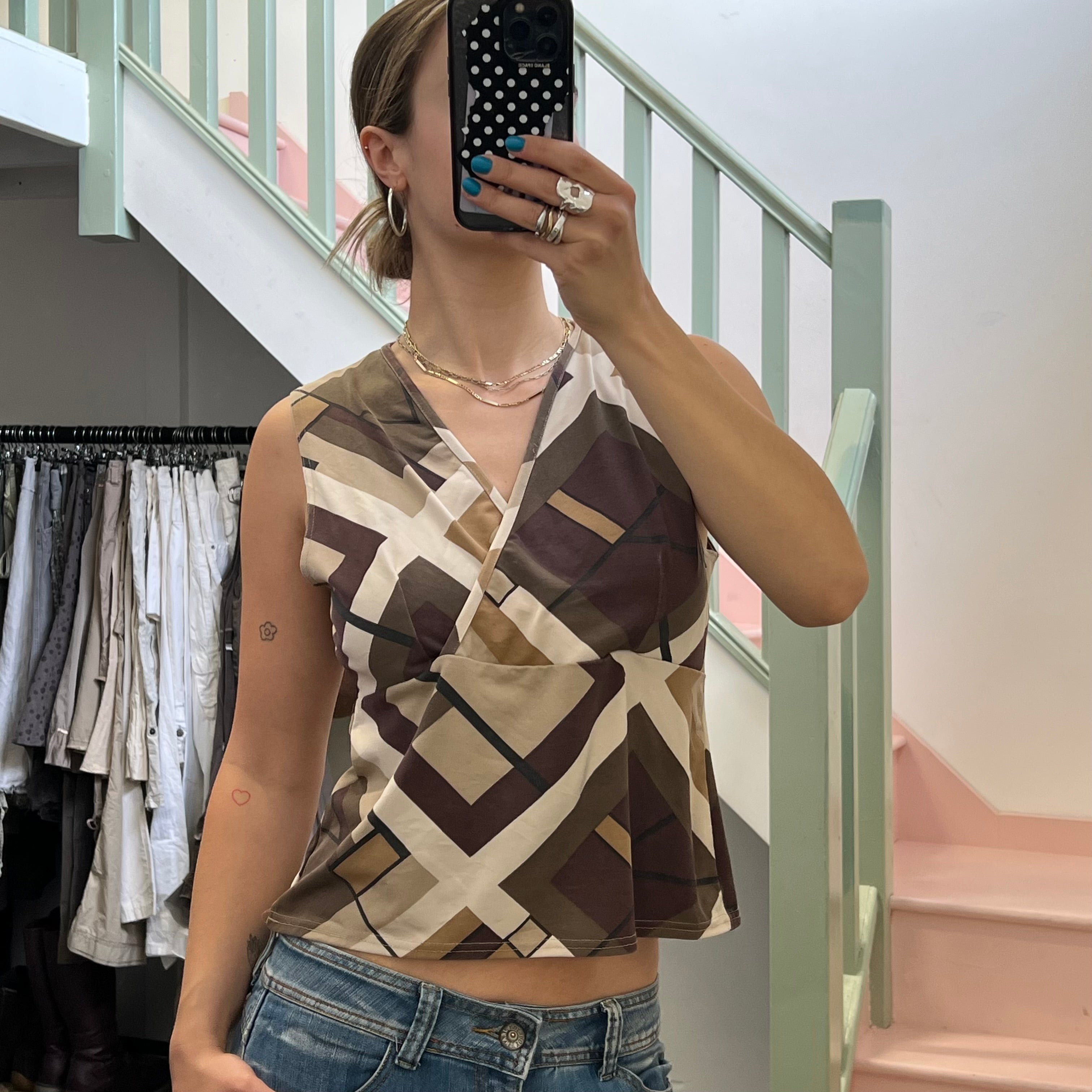 Brown and cream geo print vest