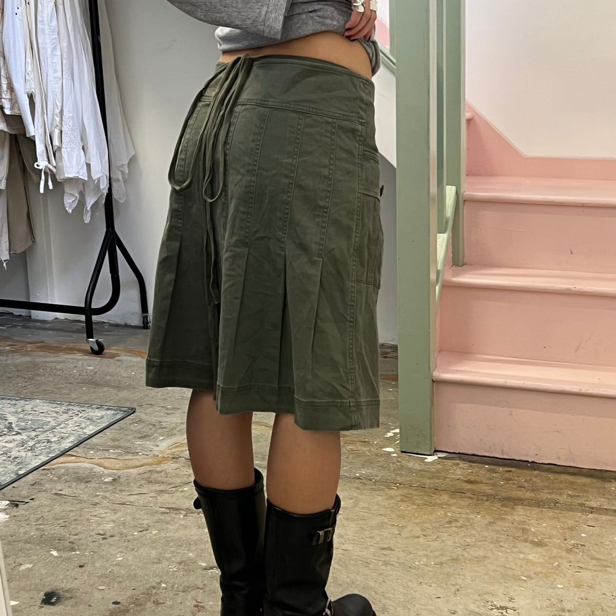 Sisley khaki pleated wrap around skirt