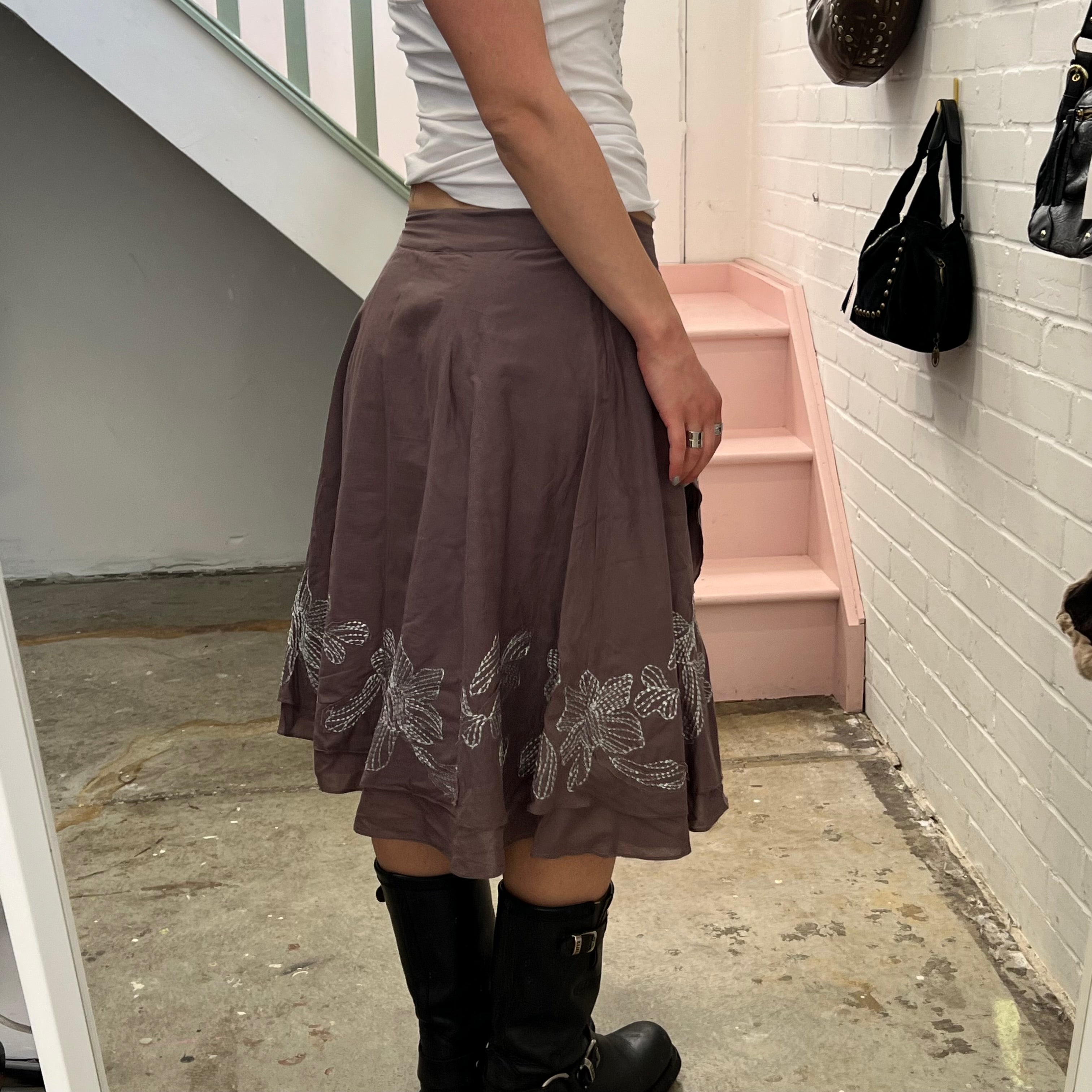 Brown linen embroidered wrap midi skirt