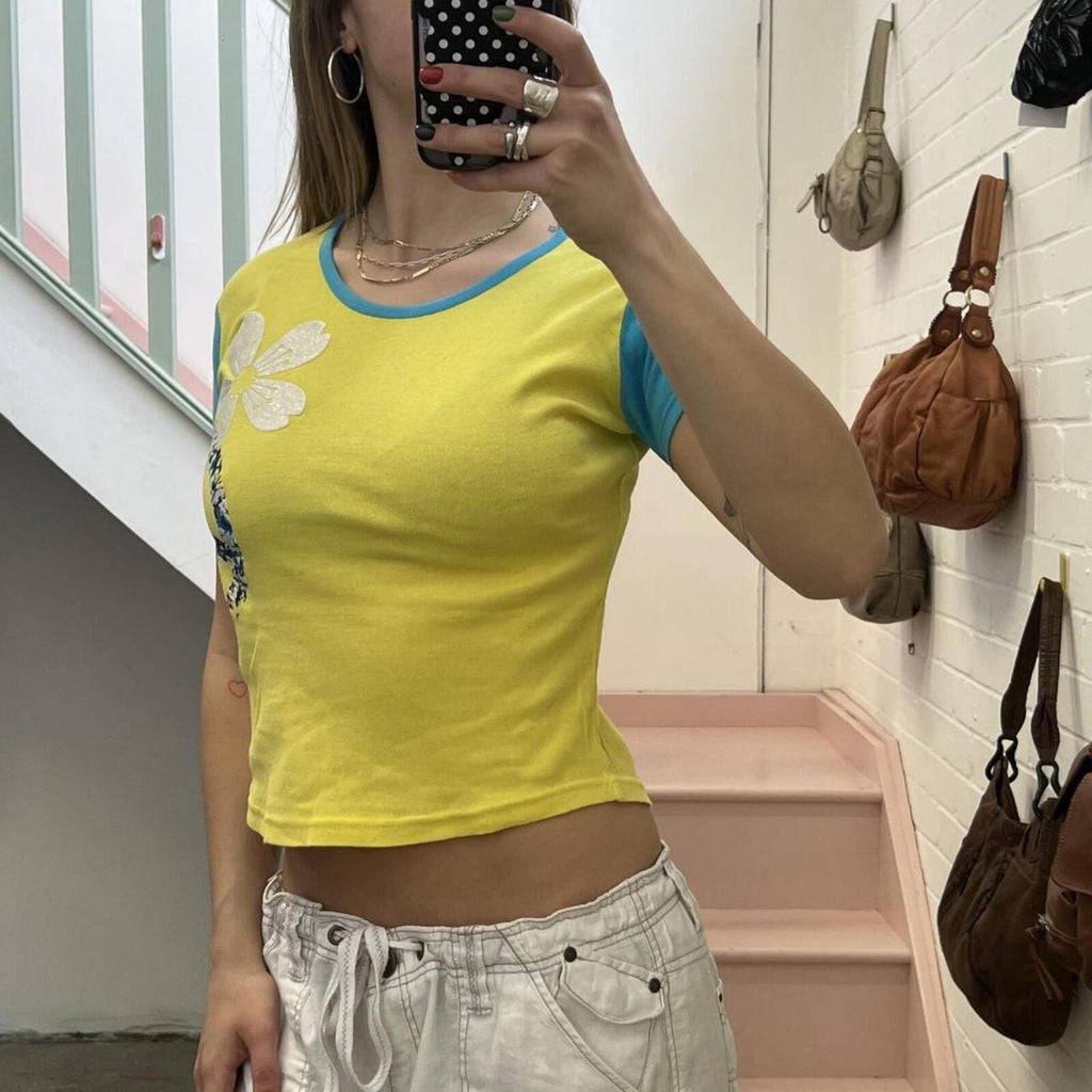 yellow and blue graphic vintage baby tee