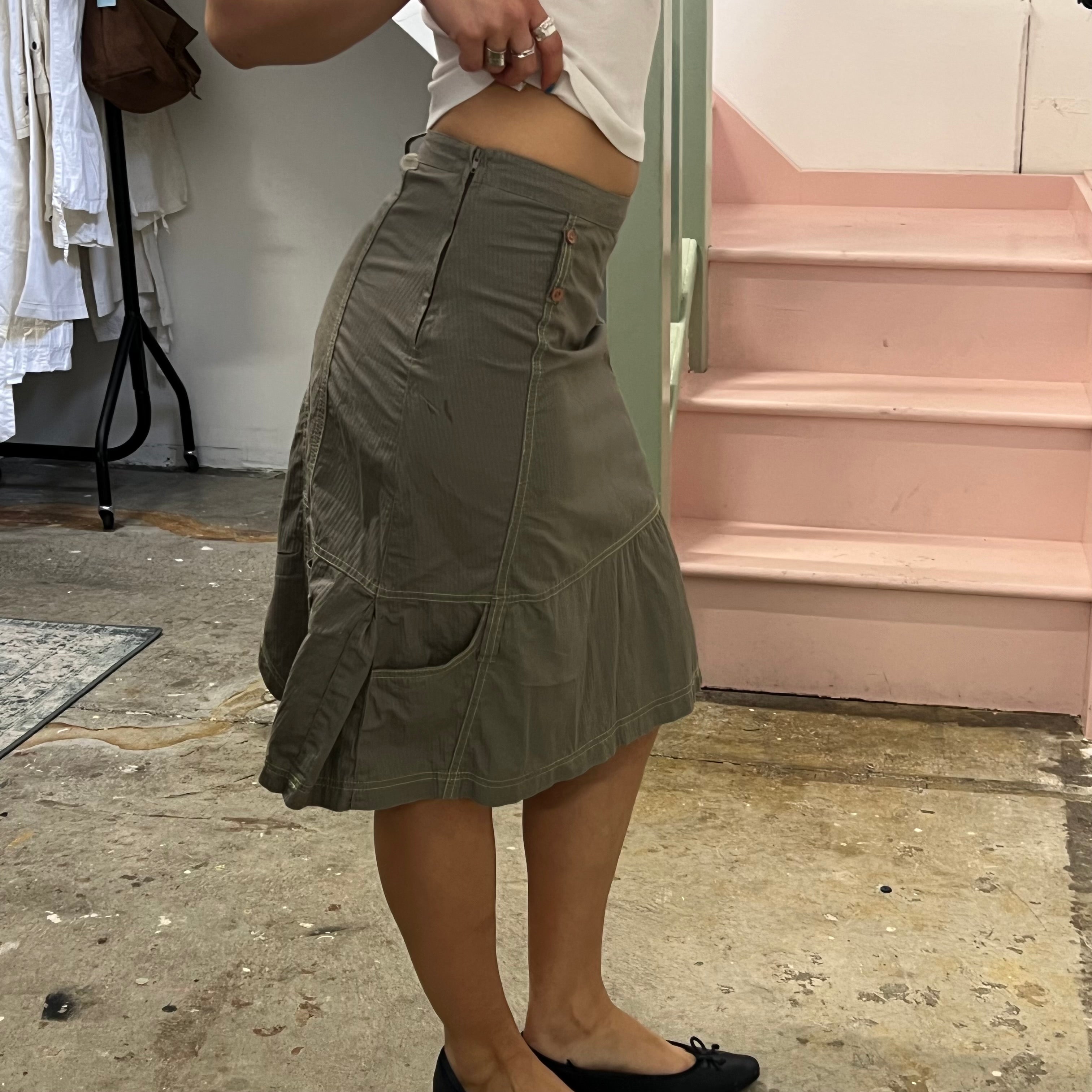 Cache pinstripe khaki cargo midi skirt