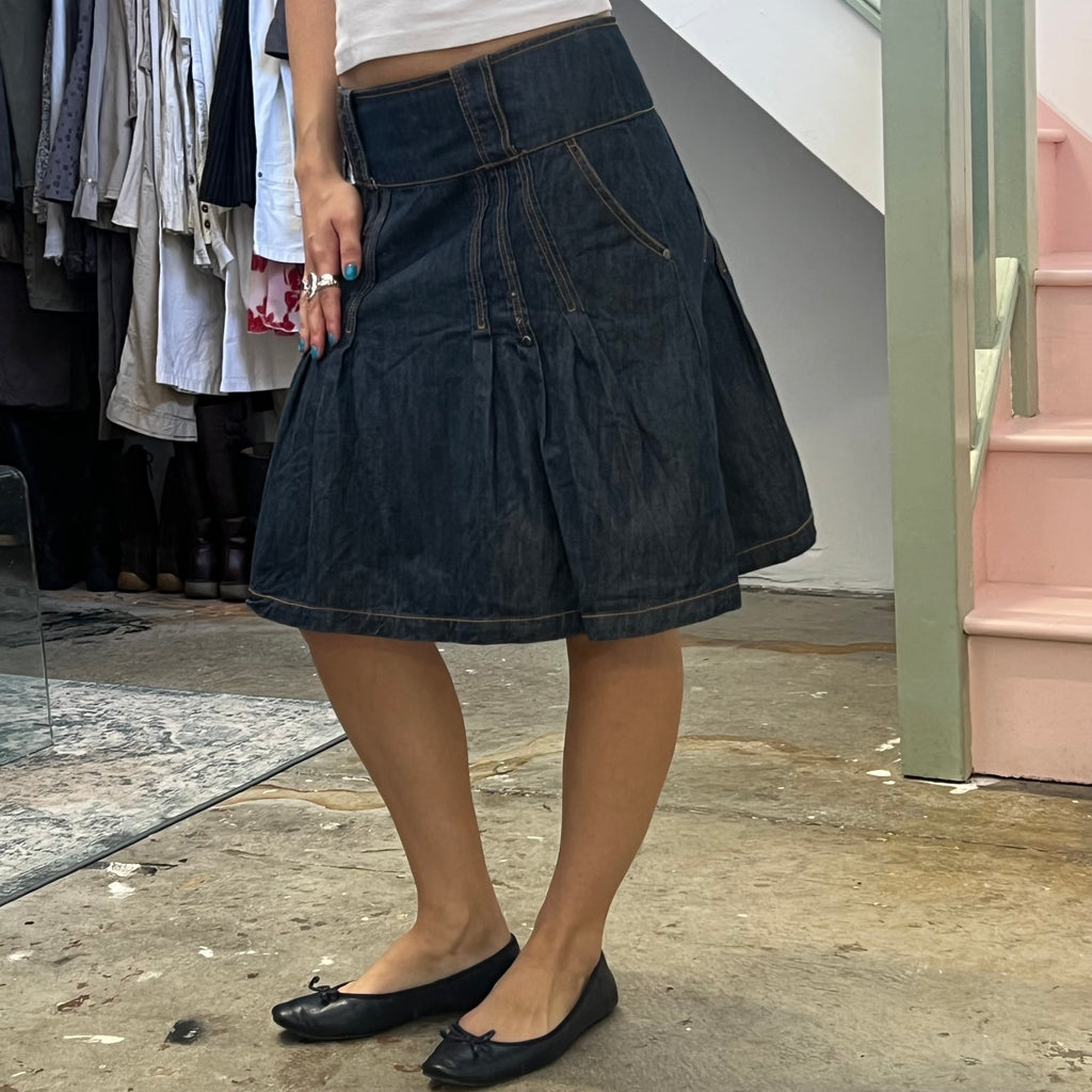 Dark wash denim pleated midi skirt