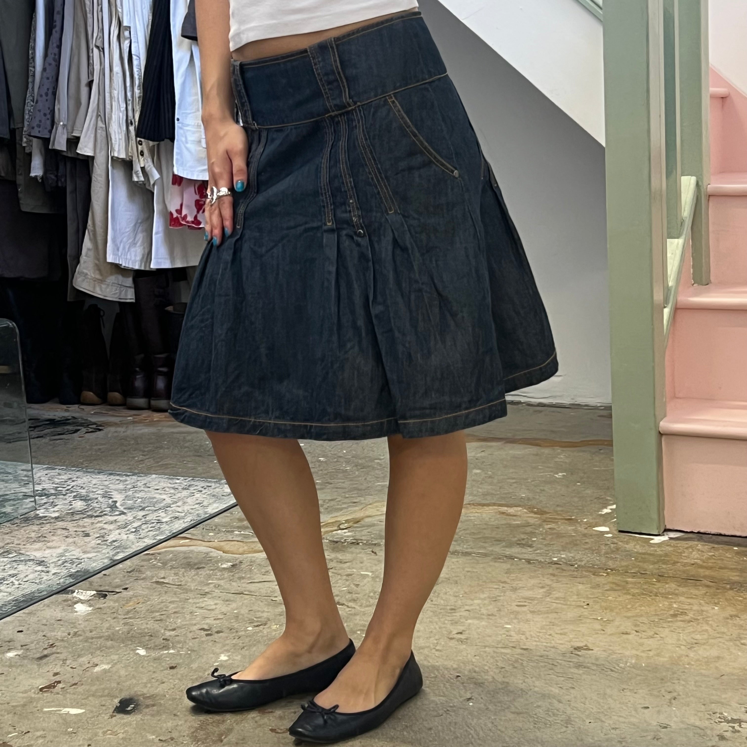 Dark wash denim pleated midi skirt