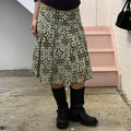 green and brown geo print pleated cotton vintage midi skirt