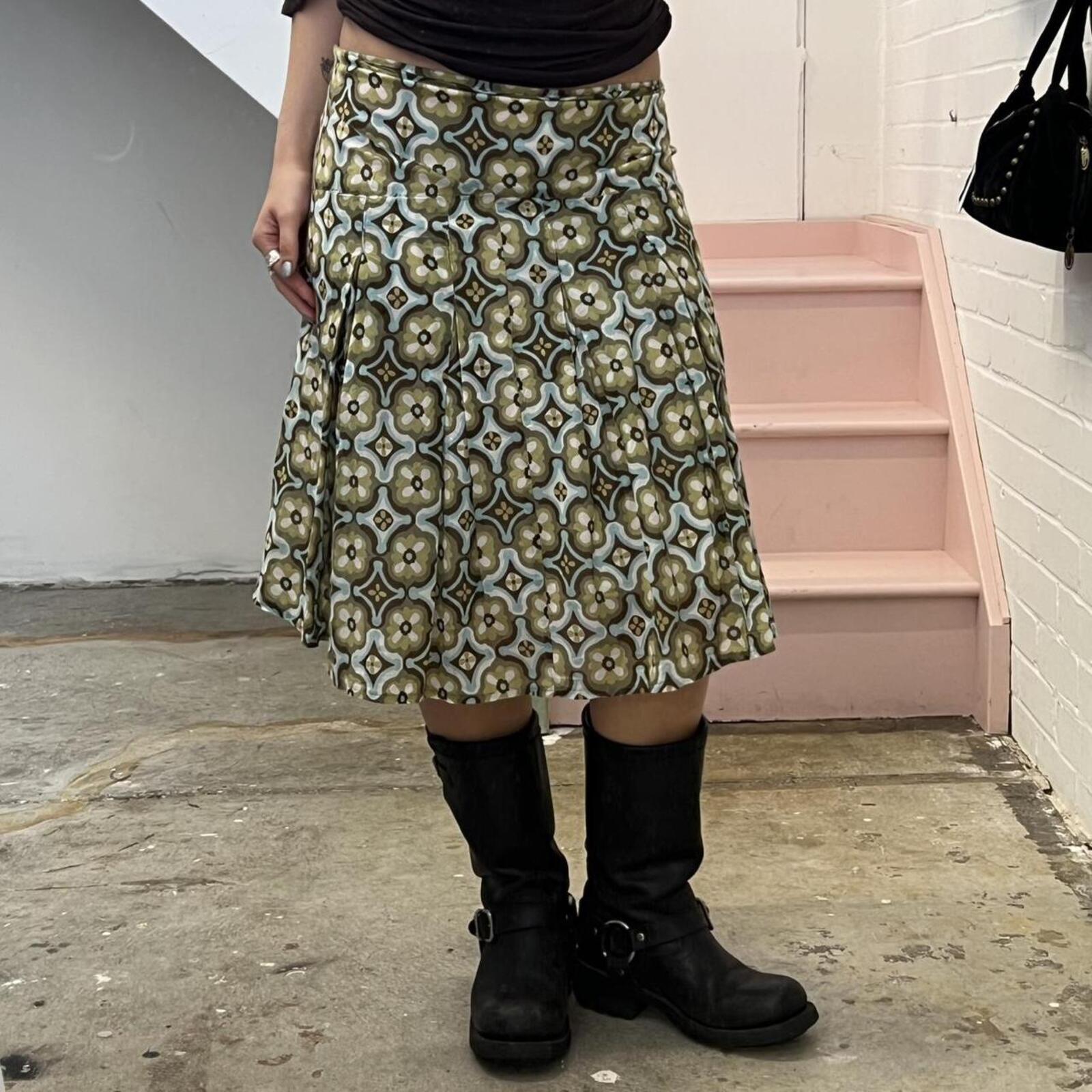green and brown geo print pleated cotton vintage midi skirt