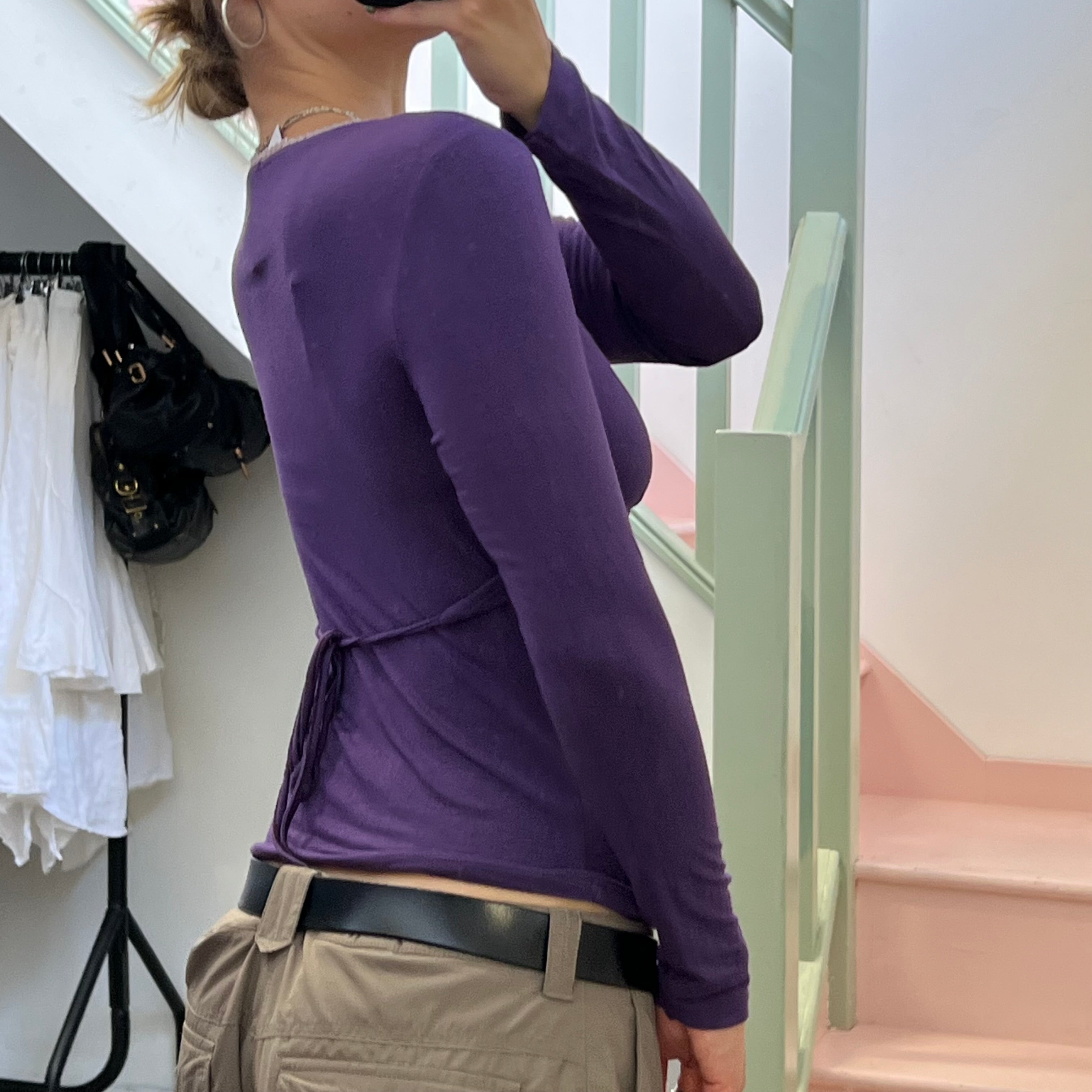 Purple fitted long sleeve v neck top