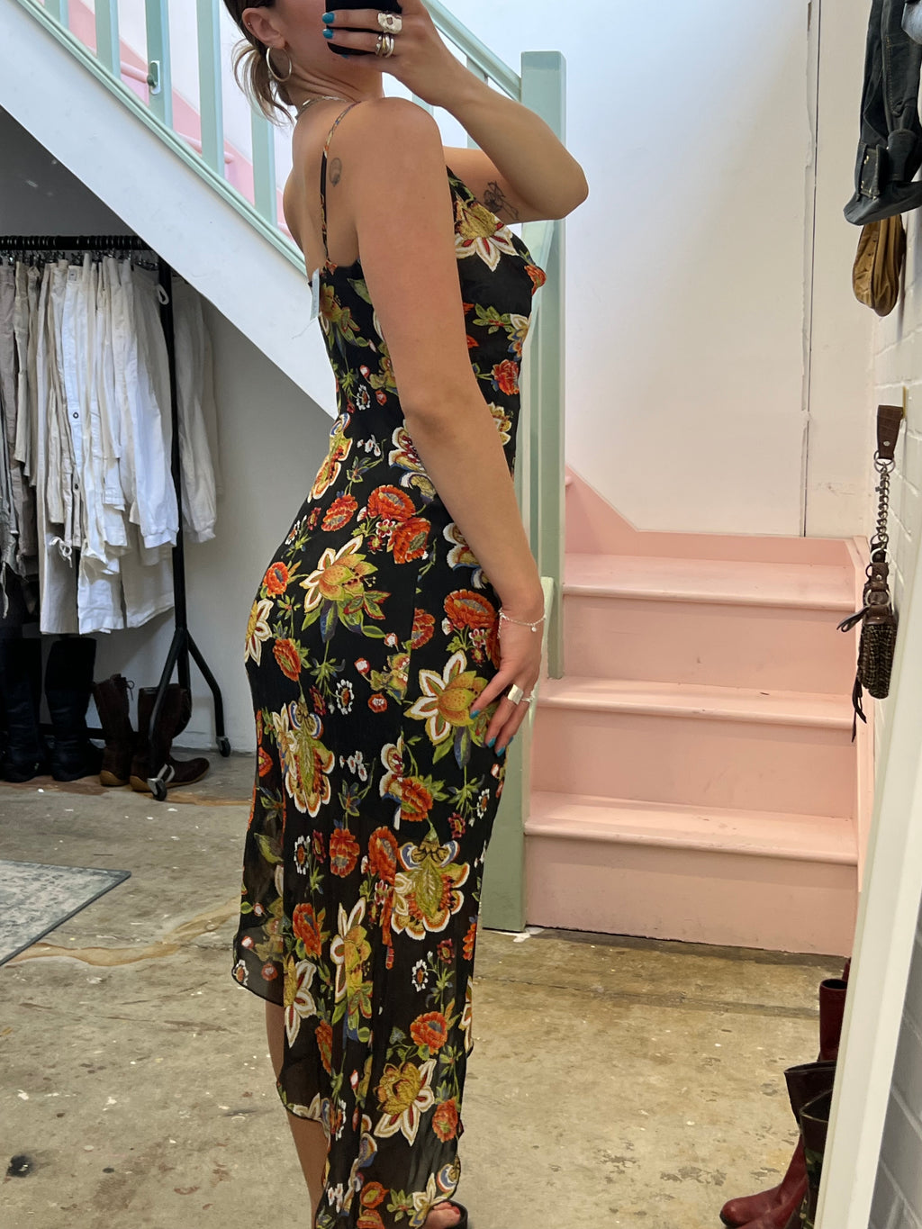 Black paisley cowl neck slip dress
