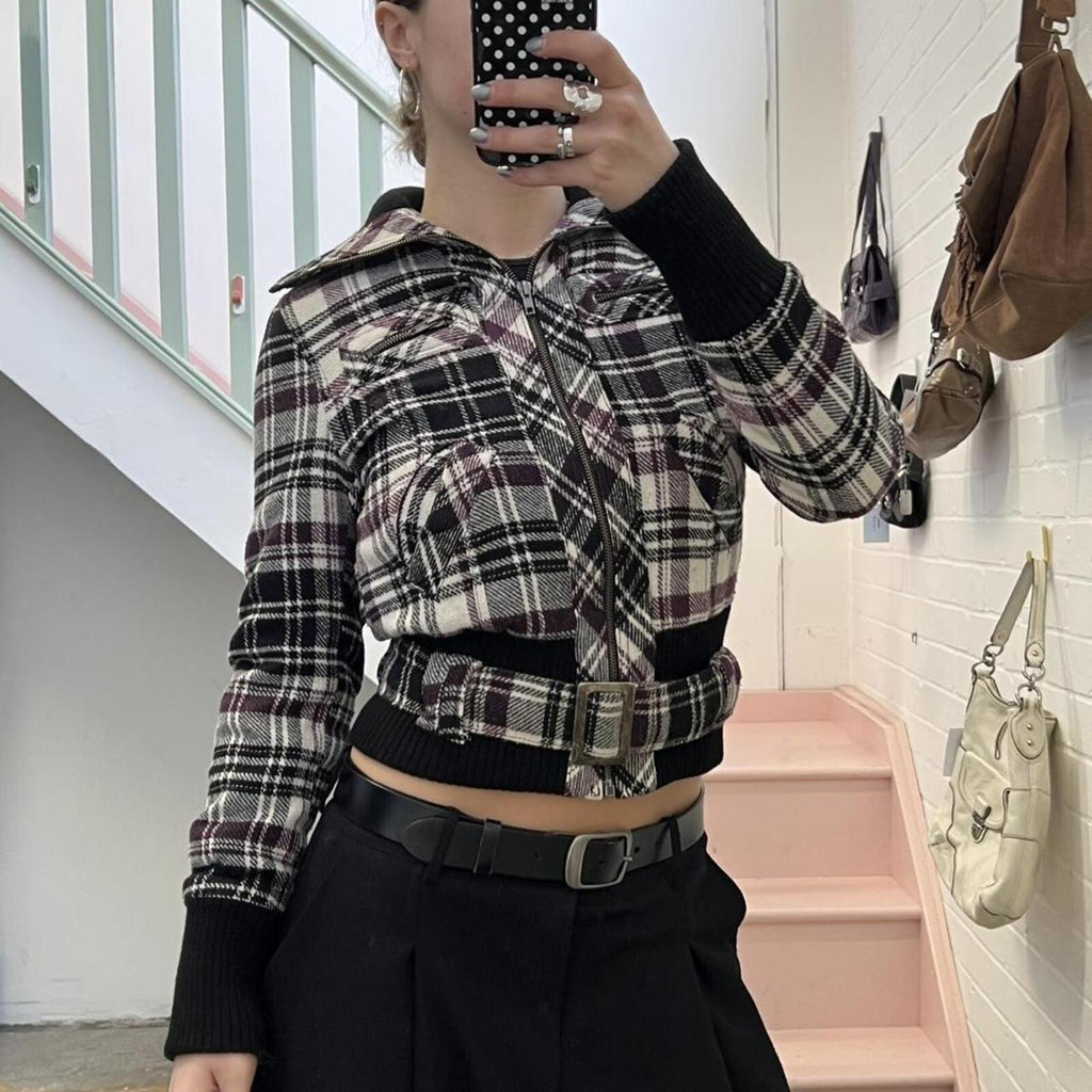 purple and white check wool zip up bomber jacket with belted waist