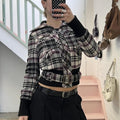 purple and white check wool zip up bomber jacket with belted waist