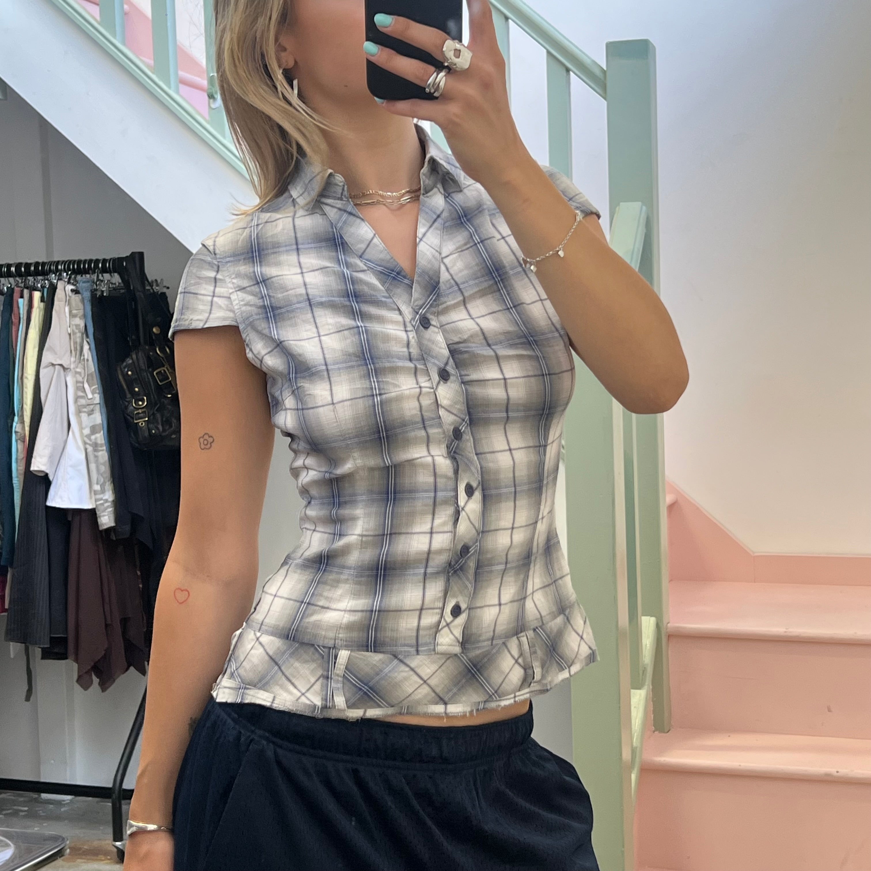 Pimkie grey and blue checkered fitted shirt