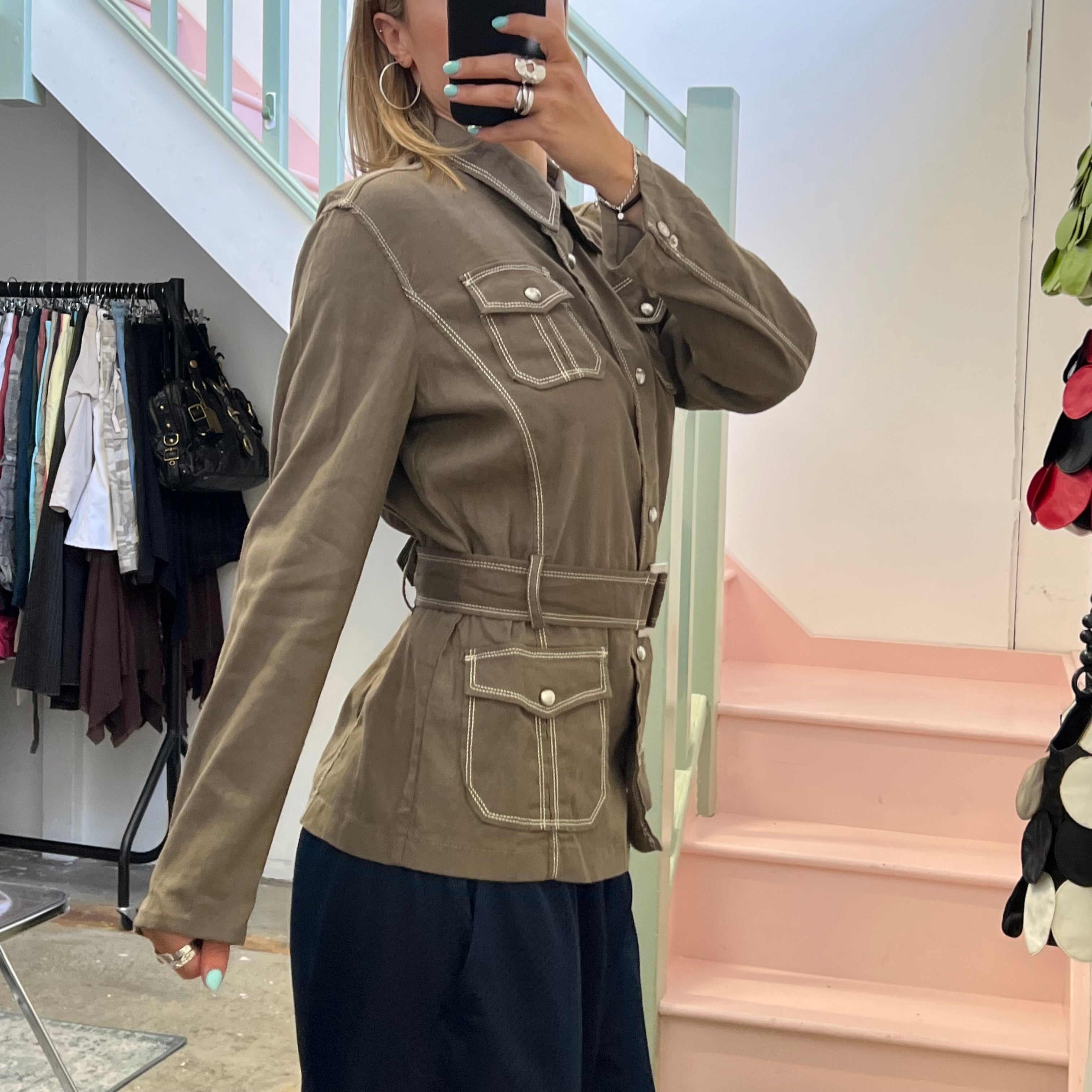 Khaki linen button up belted jacket