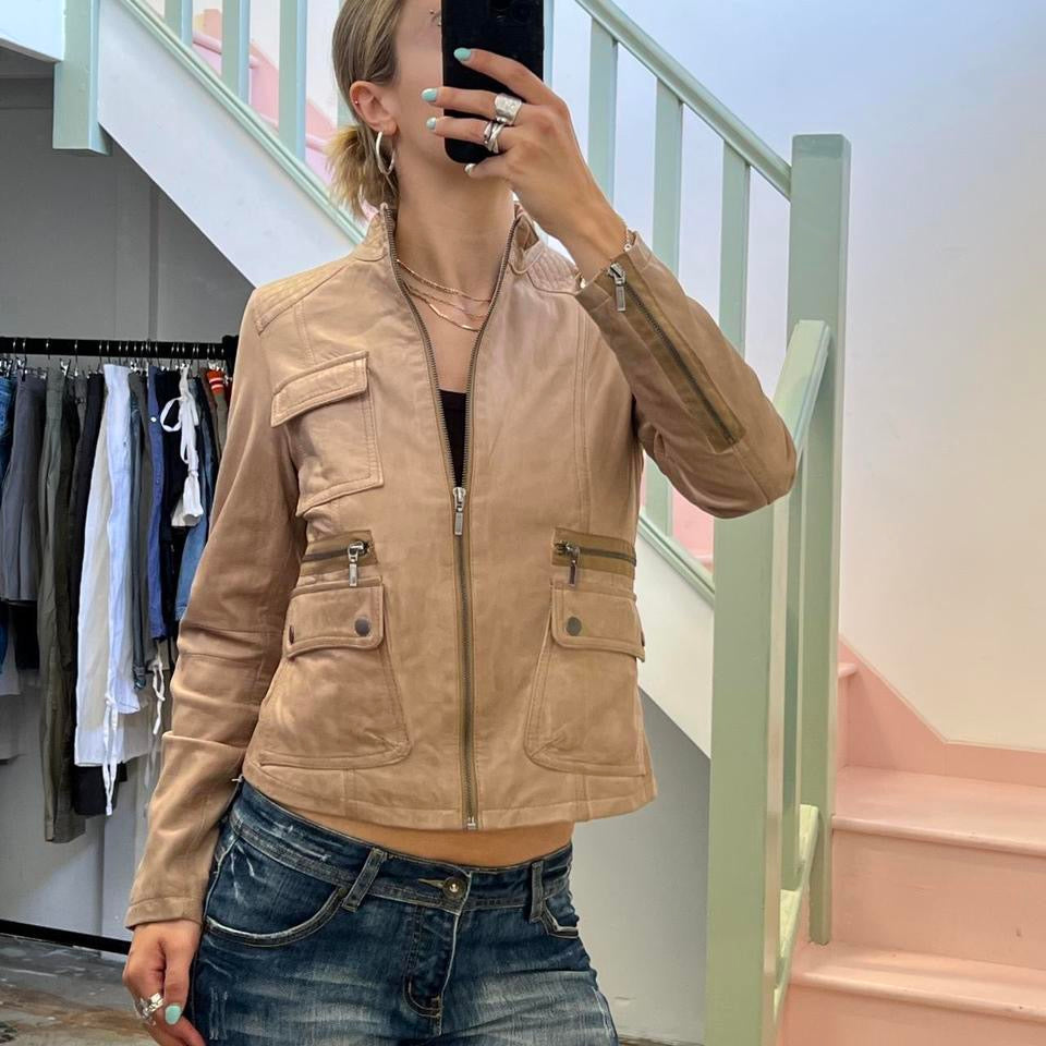 Light brown tan fitted zip up leather biker jacket