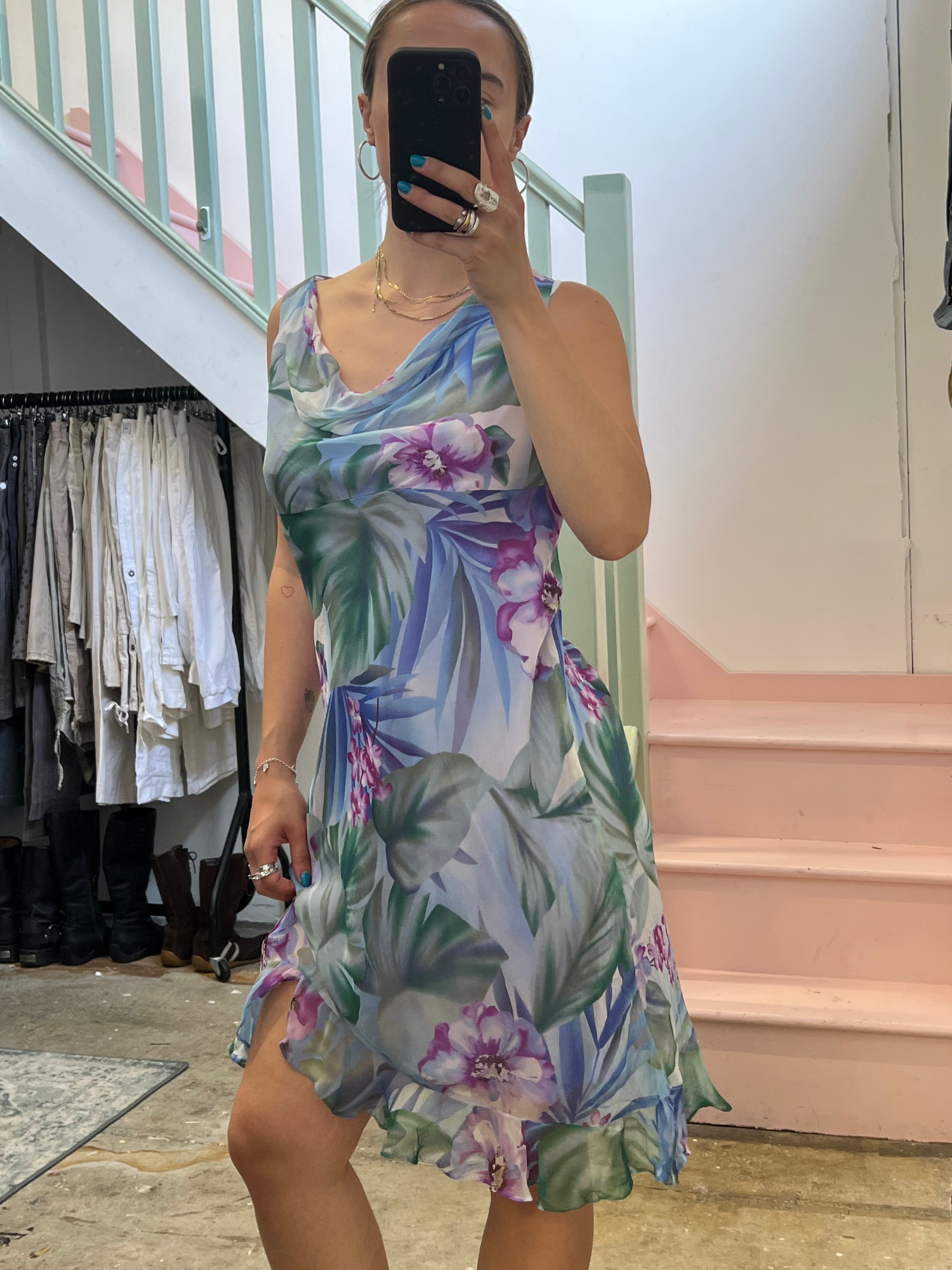 Lilac floral silk cowl neck midi dress
