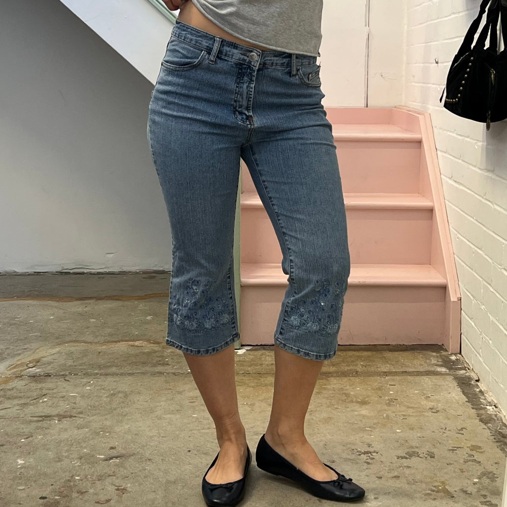 Embroidered denim capris