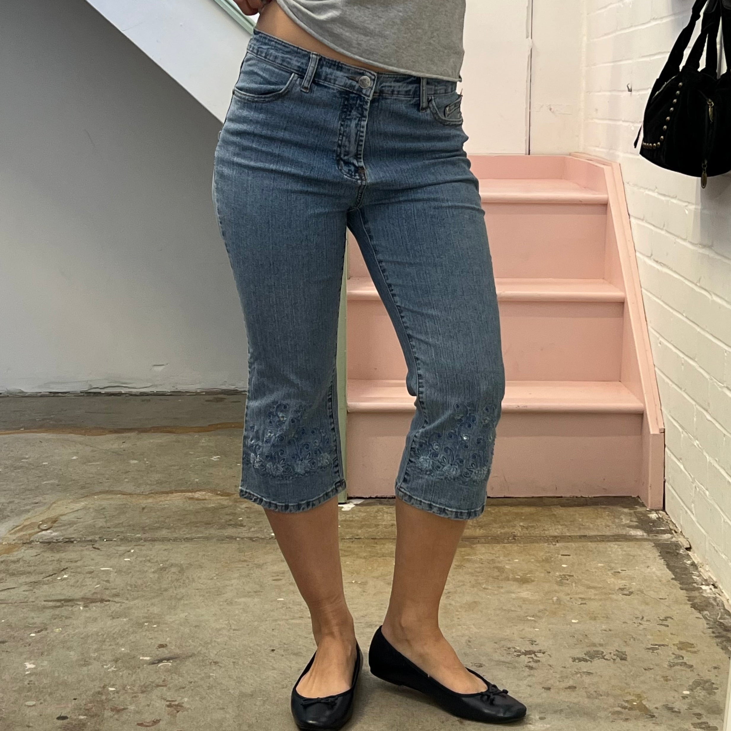 Embroidered denim capris