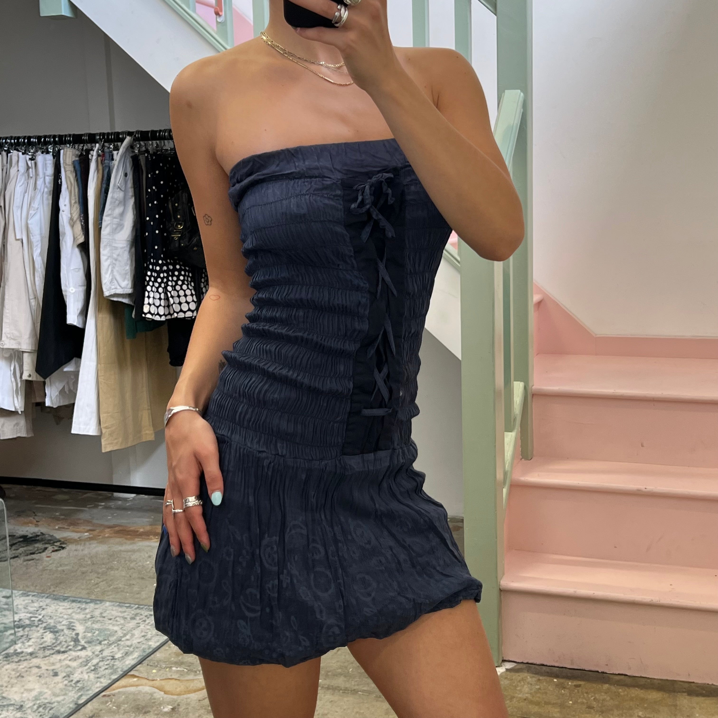 Navy silk strapless mini dress