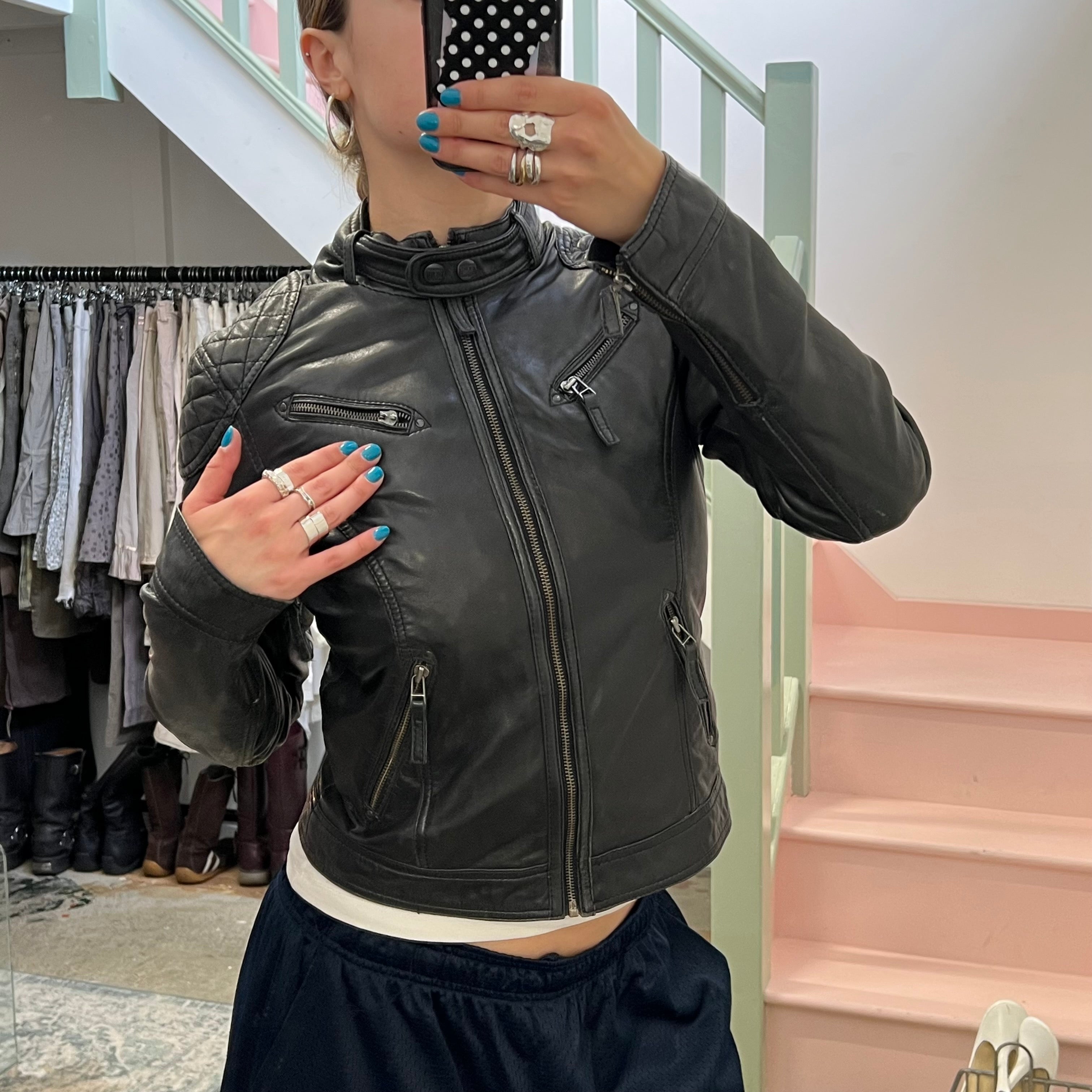 Black leather fitted biker jacket