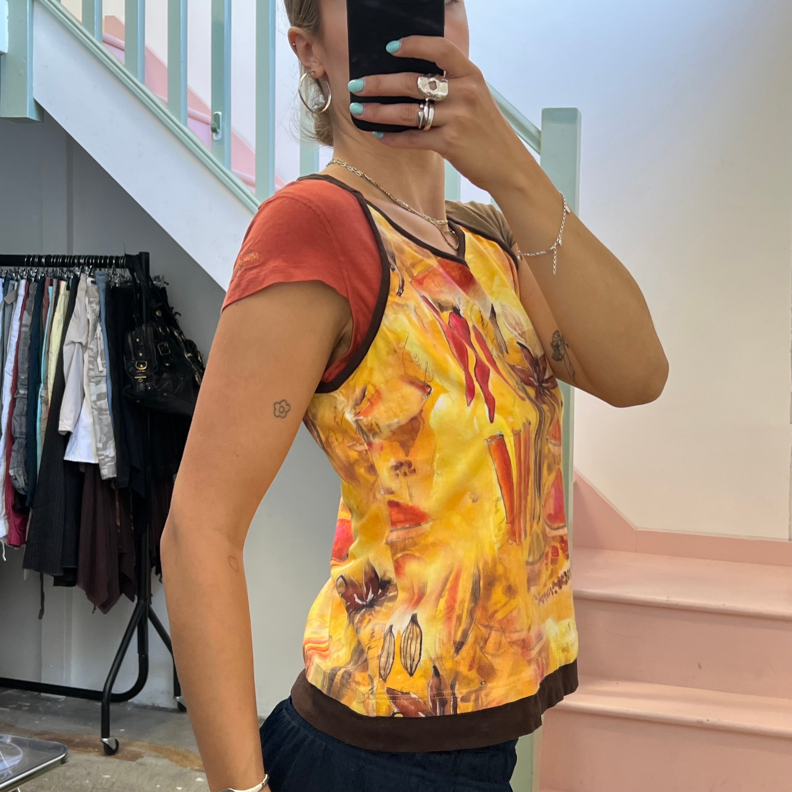 Yellow and orange graphic print vintage top