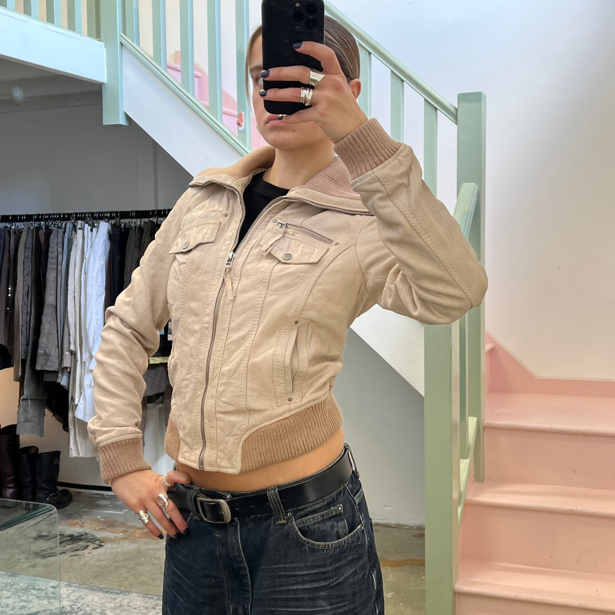 Cream fitted leather bomber jacket