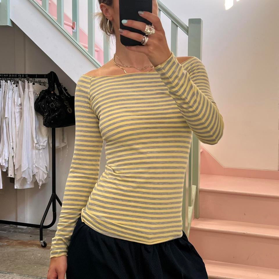 Yellow and grey striped fitted boat neck top