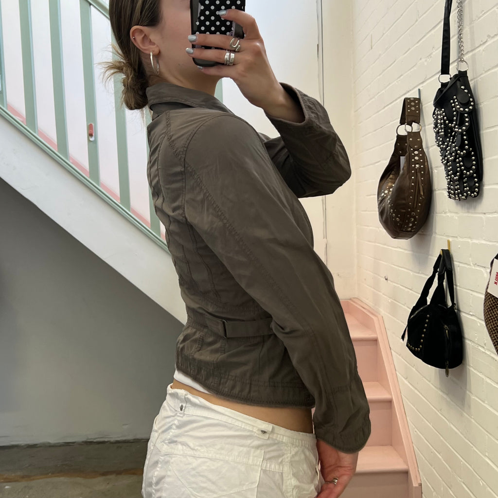 Khaki grey lightweight fitted zip up biker jacket