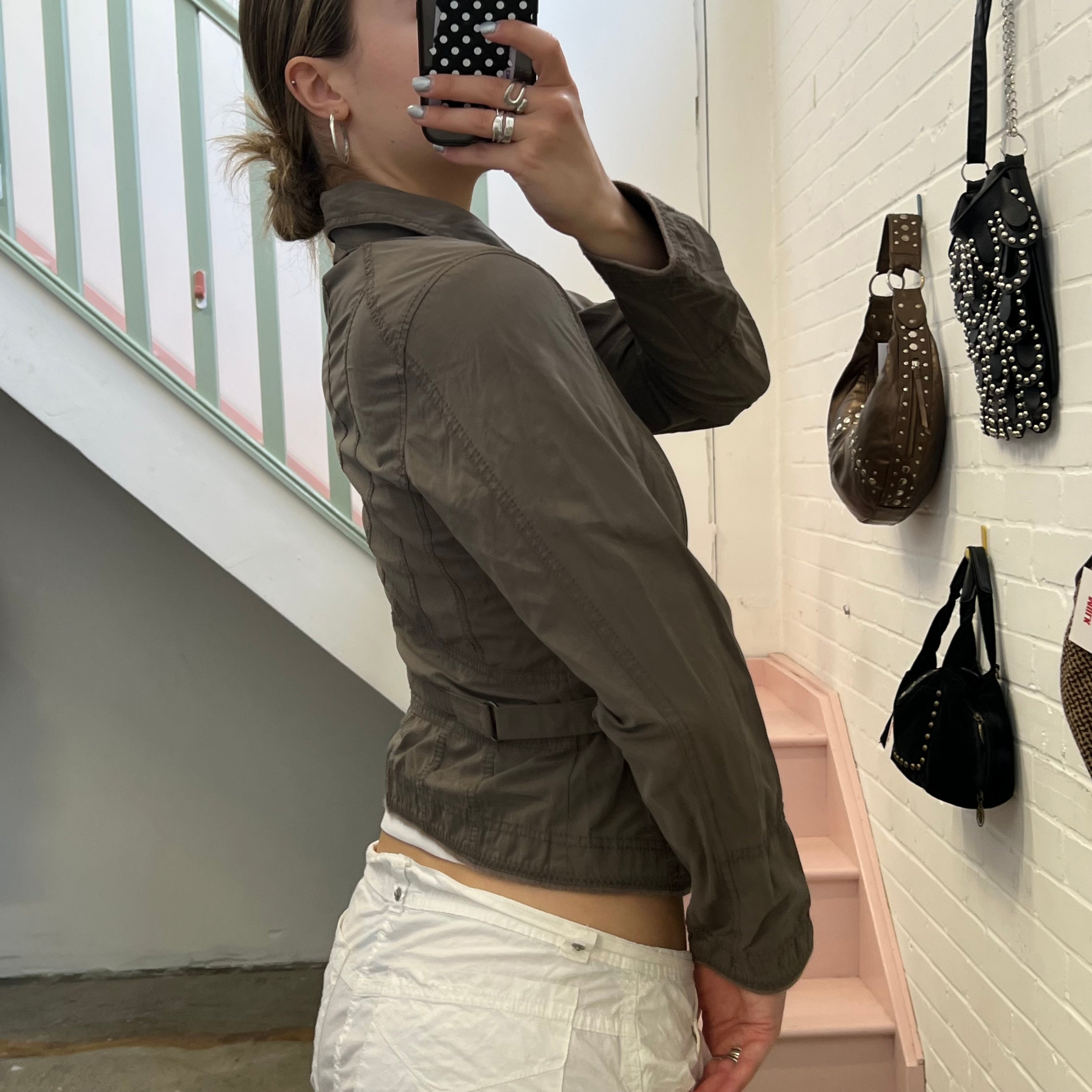 Khaki grey lightweight fitted zip up biker jacket