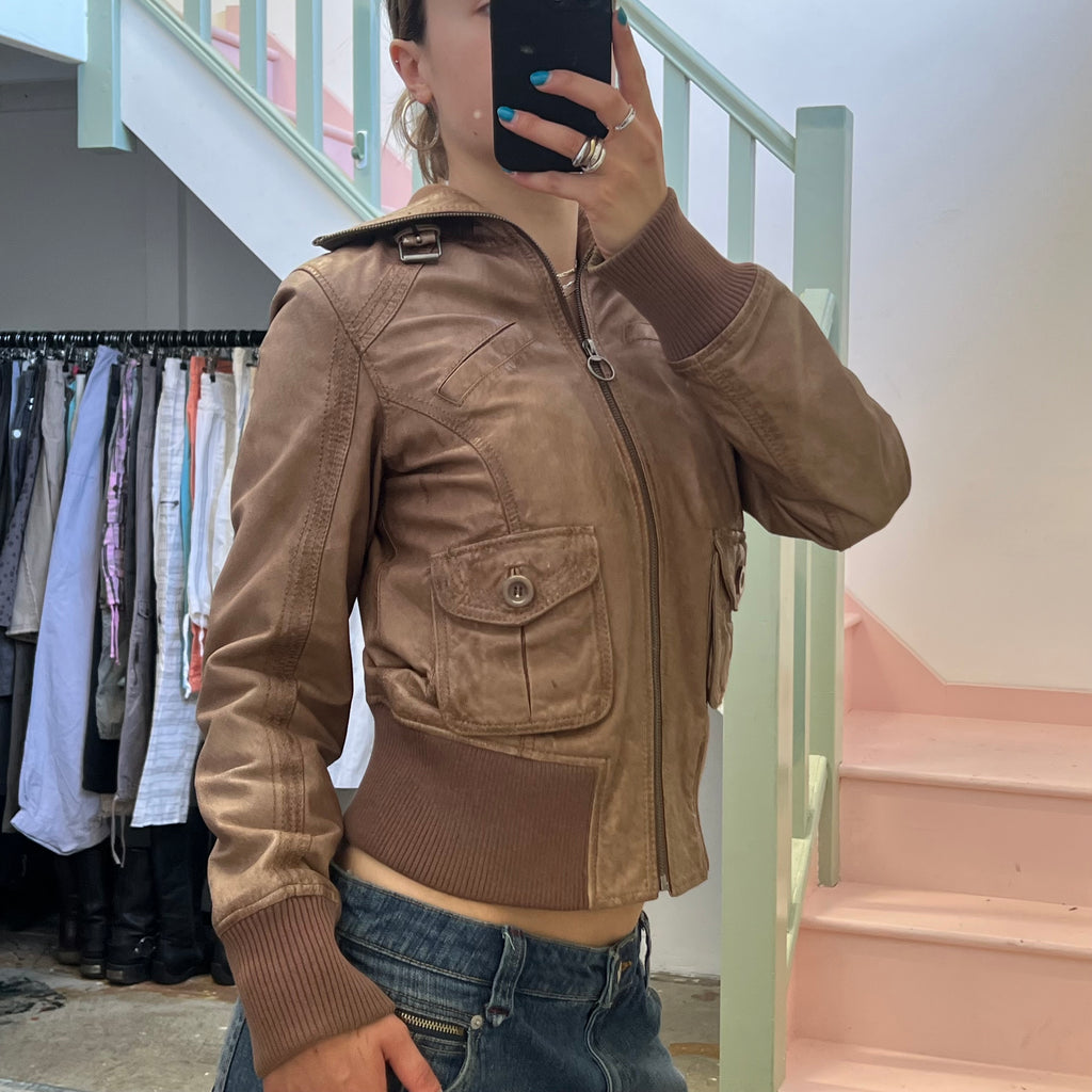 Brown leather zip up bomber jacket
