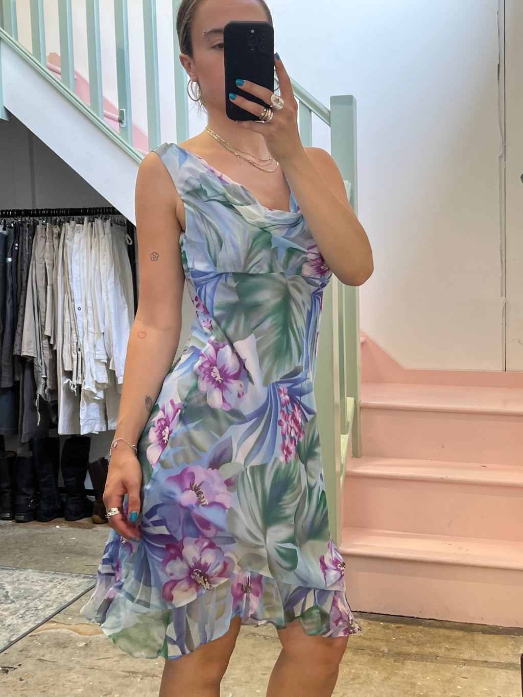 Lilac floral silk cowl neck midi dress