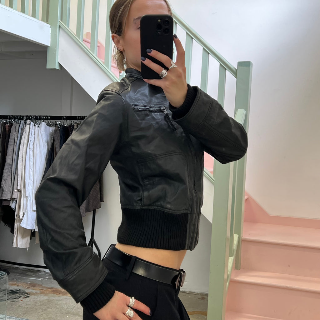 Black leather bomber jacket