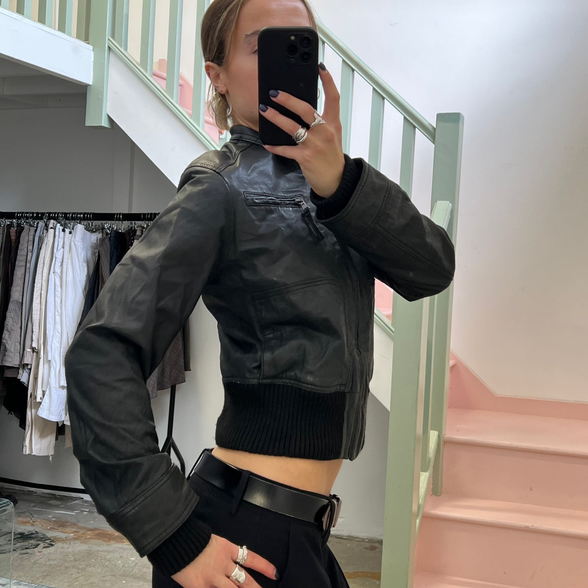 Black leather bomber jacket