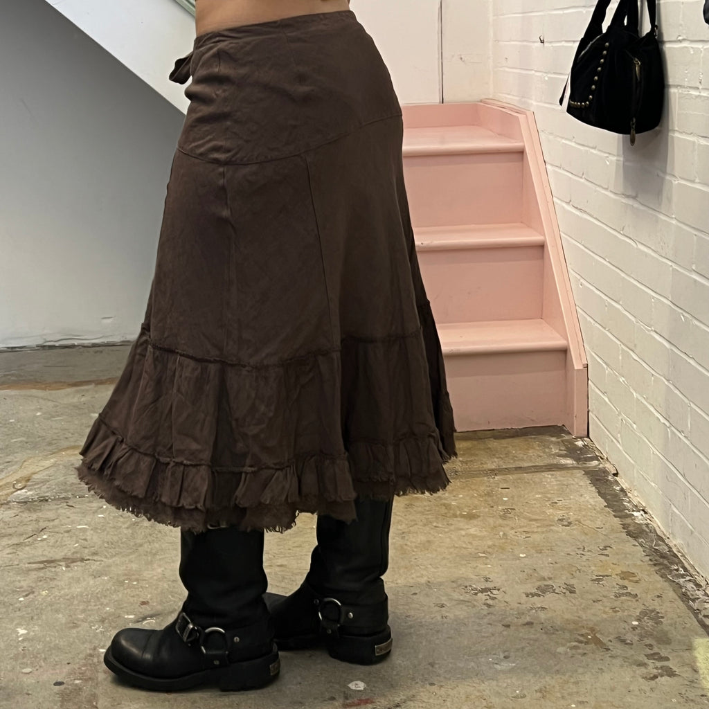 Brown linen ruffle maxi skirt