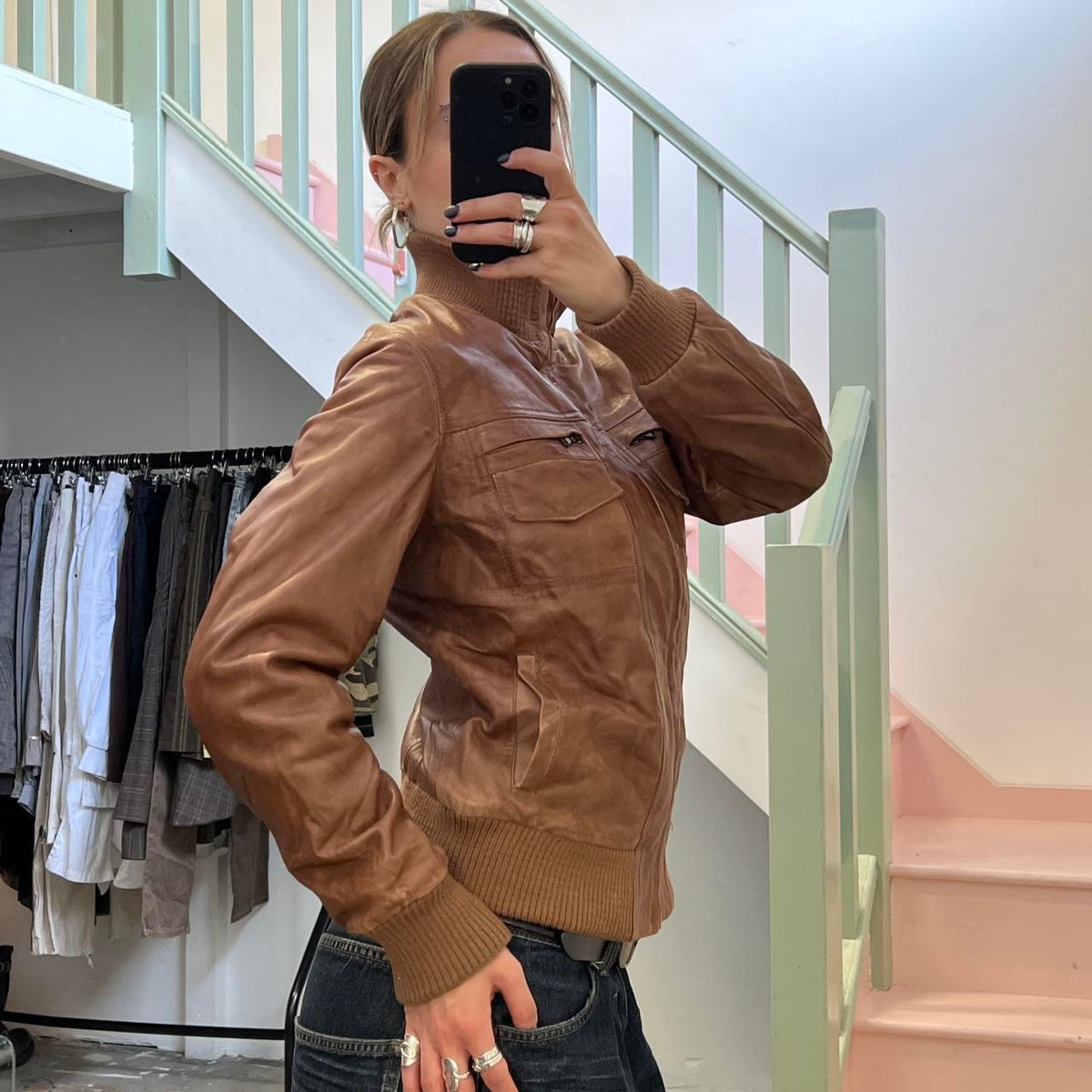 Brown zip up leather bomber jacket