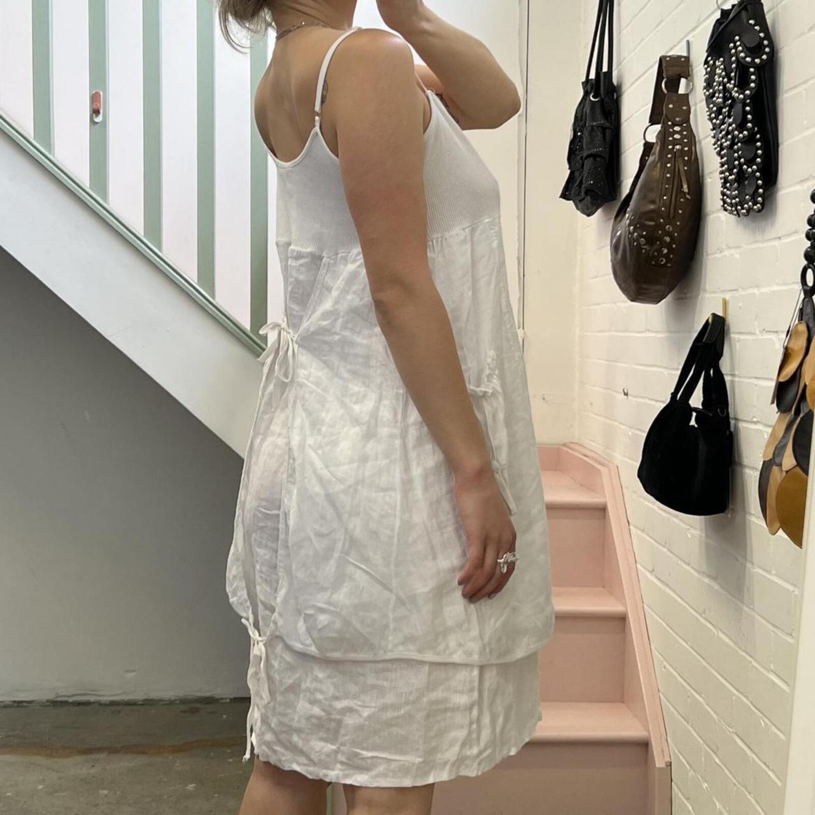 Italian vintage white linen bubble layered utility style midi dress