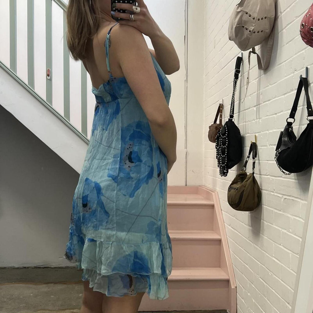 Blue silk floaty printed vintage slip dress
