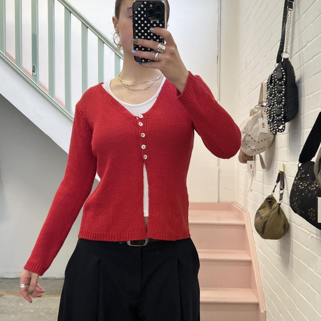 red knitted vintage cardigan with pearl buttons