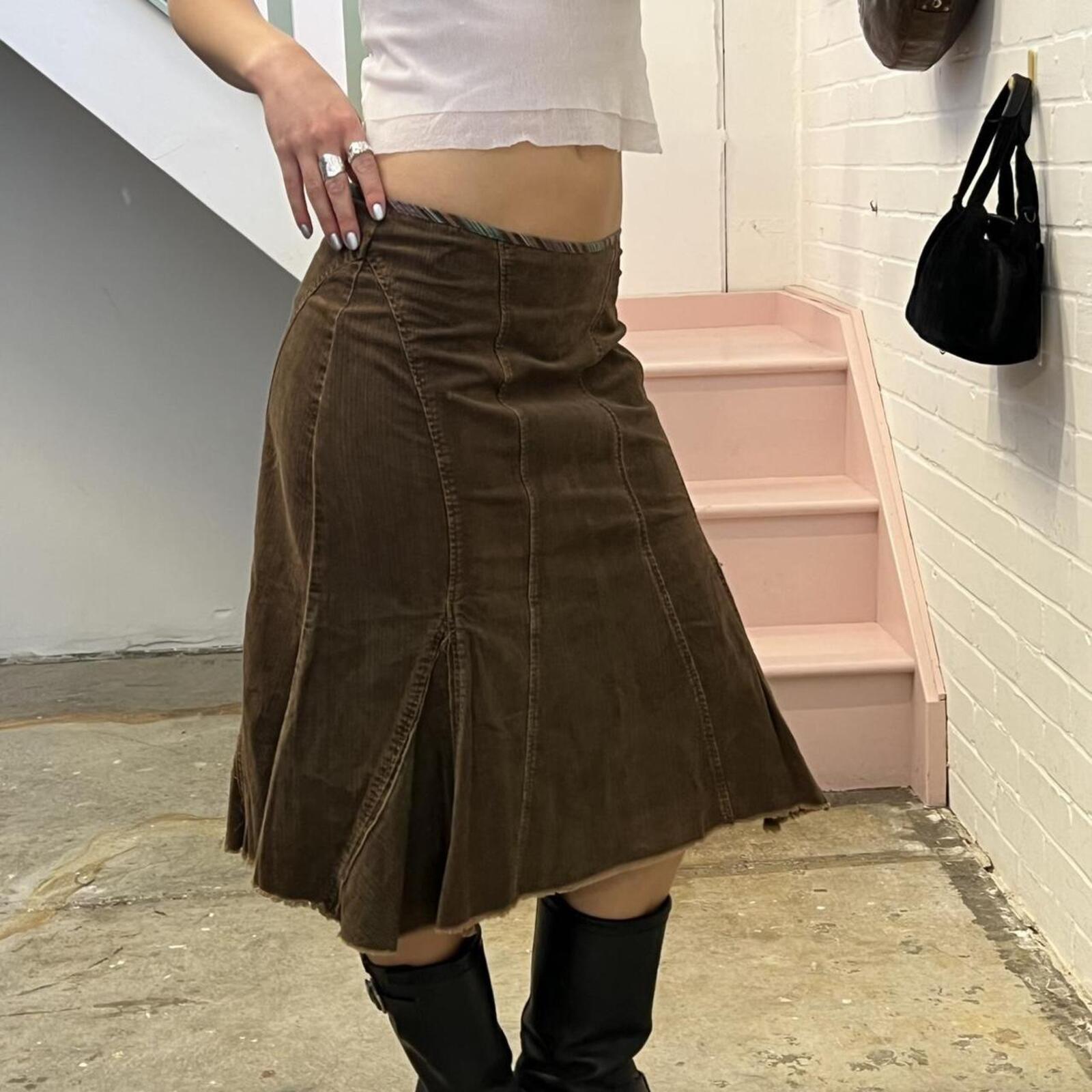 brown corduroy fitted flared vintage midi skirt