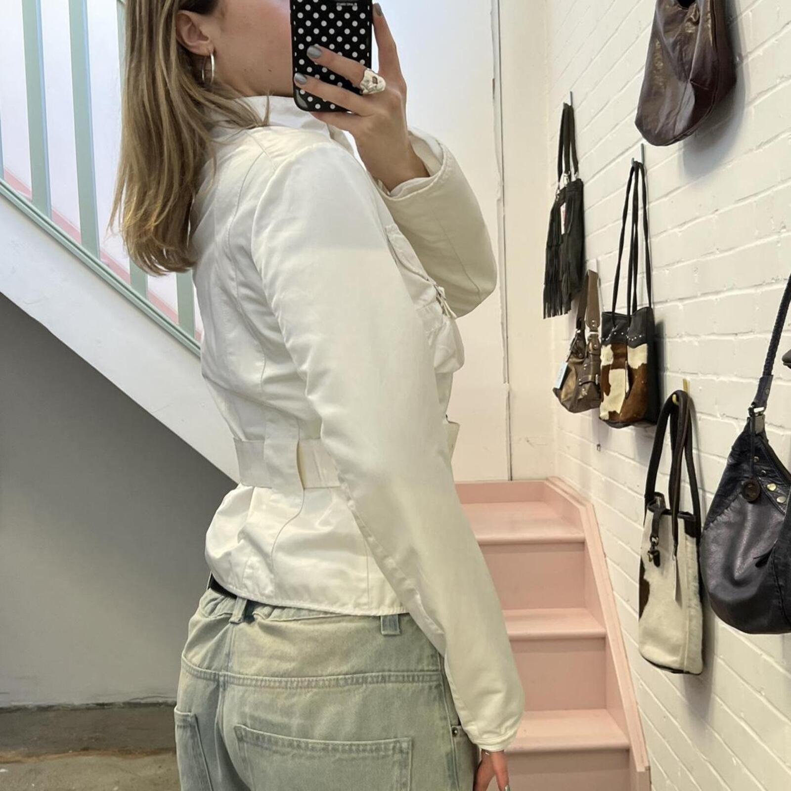 Benetton white zip up belted utility biker jacket