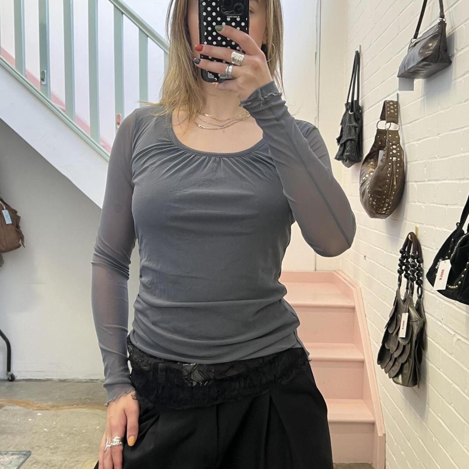 Grey mesh long sleeve ruched fitted top with black lace under layer